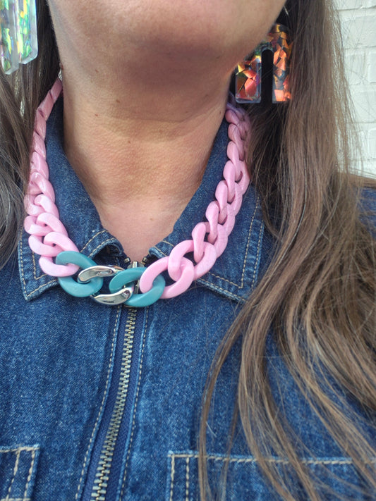 Statement-Kette - rosa, türkis, silber