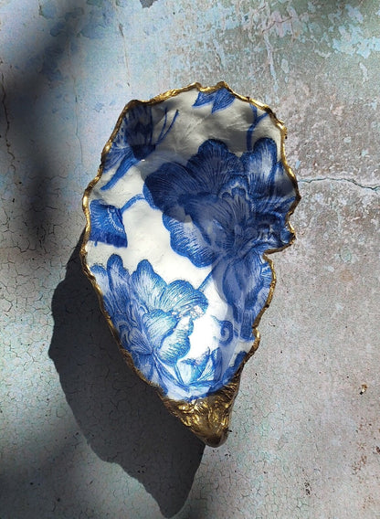 Austern Schmuckschale - Blaue Blumen