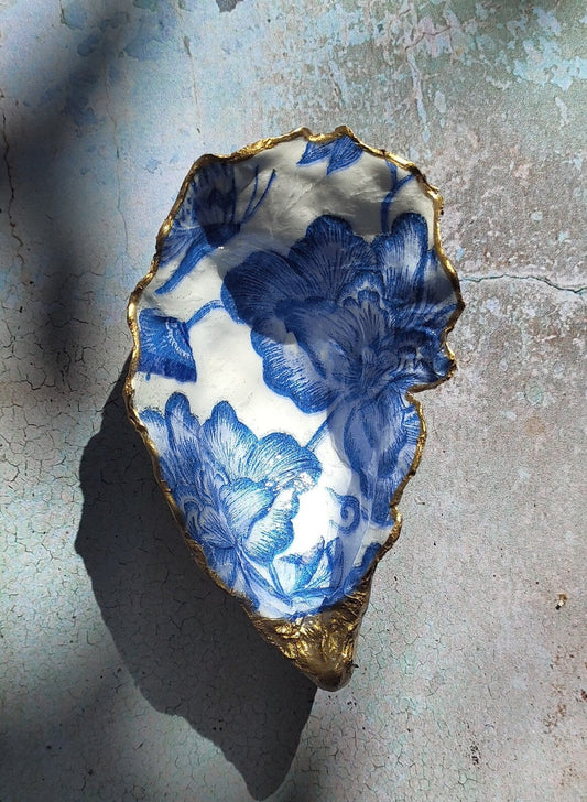Austern Schmuckschale - Blaue Blumen